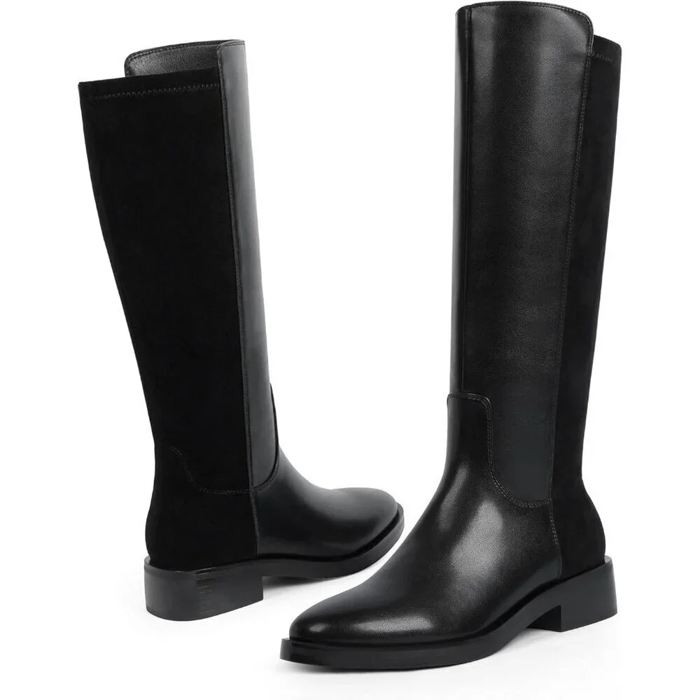 Women Polyurethane Stretch-black Round Toe Flat Heel Side Zipper Knee High Boots